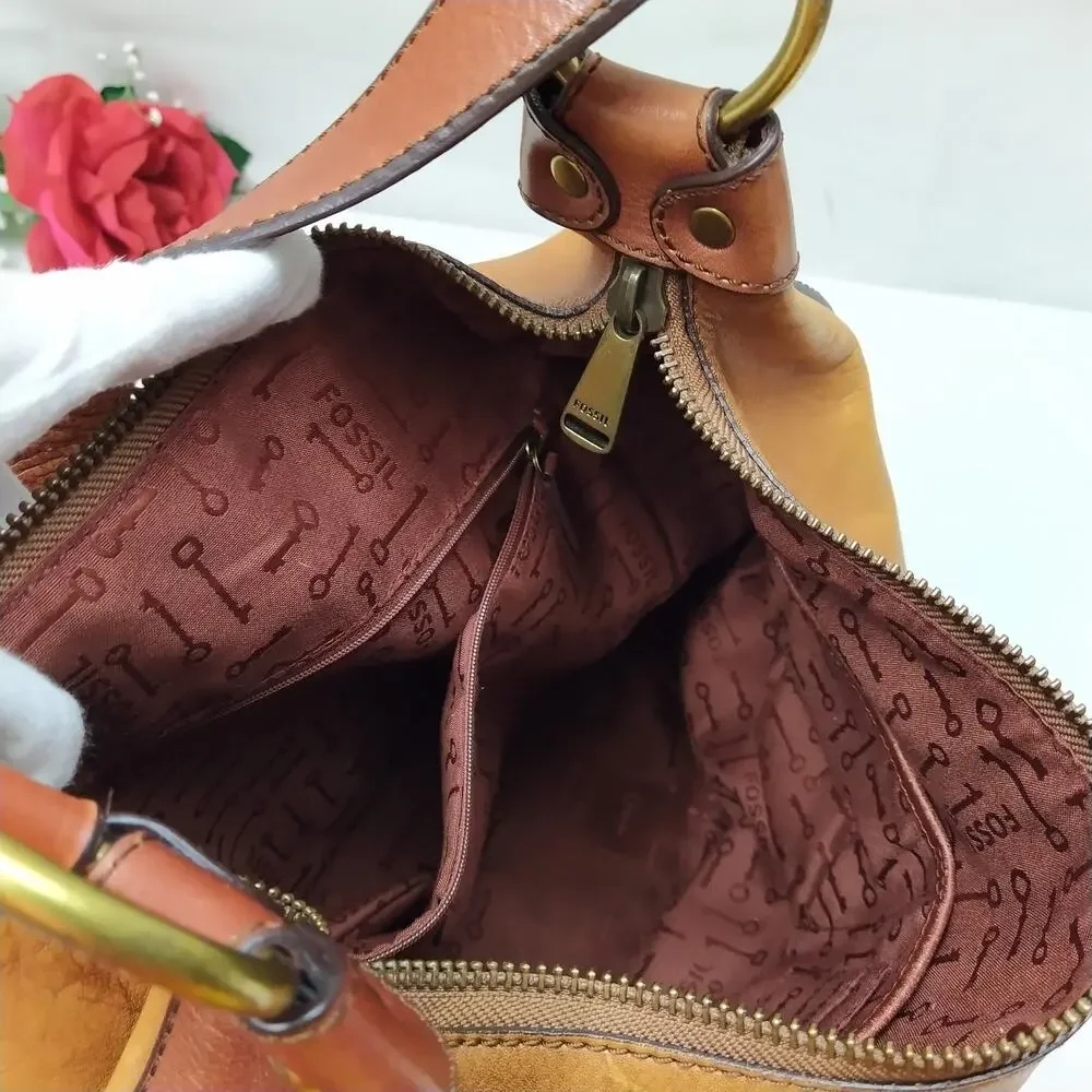 Fossil Maddox Brown Leather Zipper Closure Hobo Shoulder Bag